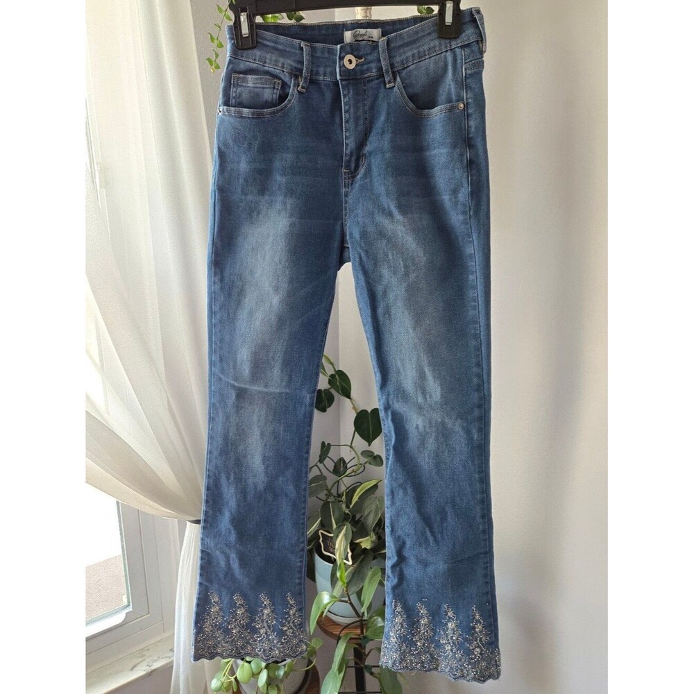 Onado Paris Embroidered Hem Jeans Size 5 Blue Scalloped High Rise Stretch